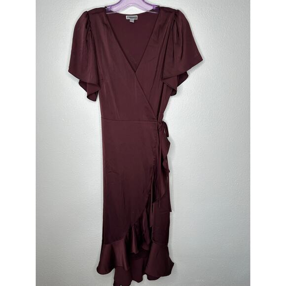 Chelsea28 Burgundy Maroon Flutter Sleeve Ruffle V-Neck Wrap Dress S - Picture 4 of 16